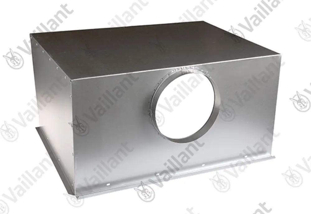 Metallene Strömungssicherung in rechteckiger Form mit runder Öffnung, beschriftet mit Vaillant-Logo, für Heizungs- oder Lüftungsanlagen.